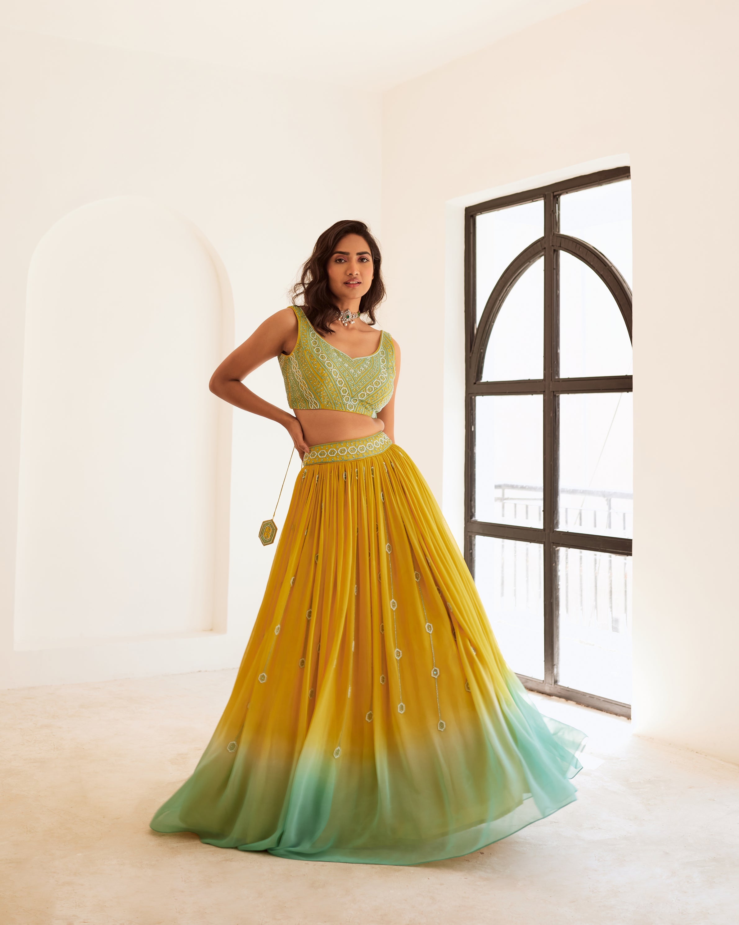 Buy Mustard Olive Green Chinon Silk Lehenga Choli (NWG-1405) Online