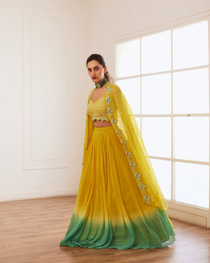 YELLOW AND BLUE LEHENGA WITH CAPE