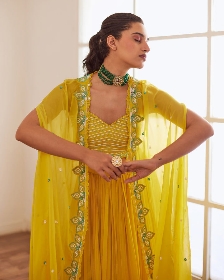 YELLOW AND BLUE LEHENGA WITH CAPE