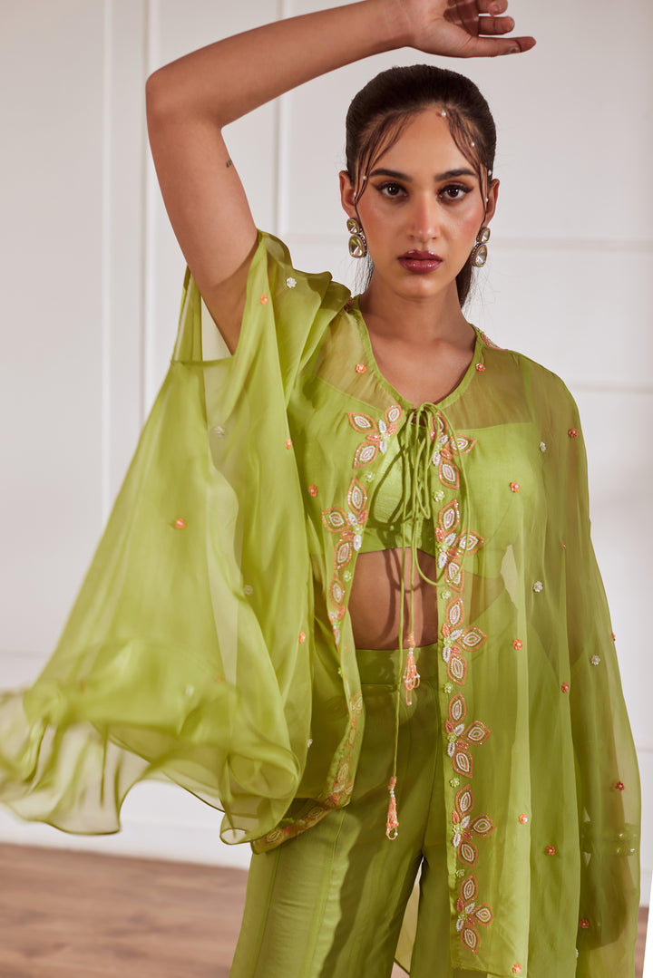 GREEN SHARARA AND CAPE SET