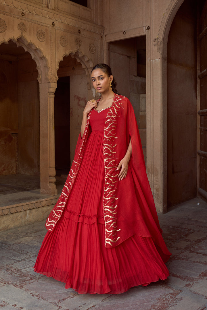 LILA RED LAYERED ANARKALI WITH ORGANZA CAPE