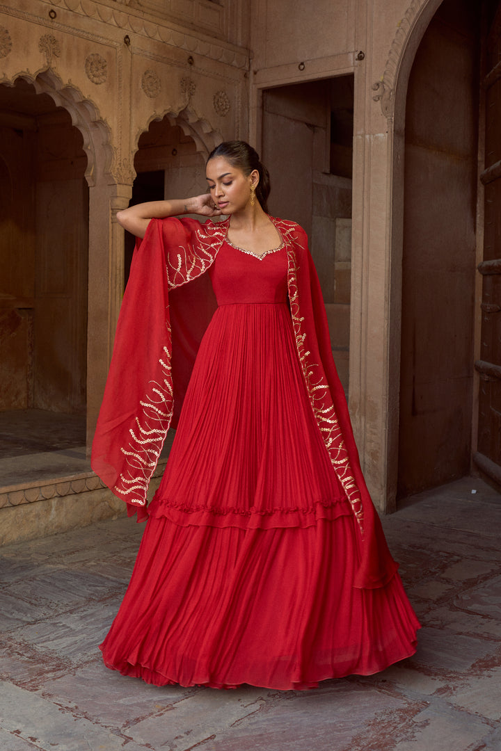 LILA RED LAYERED ANARKALI WITH ORGANZA CAPE