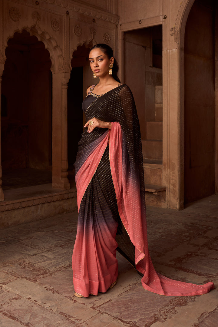 LILA BLACK AND DUSTY PINK OMBRE SAREE SET