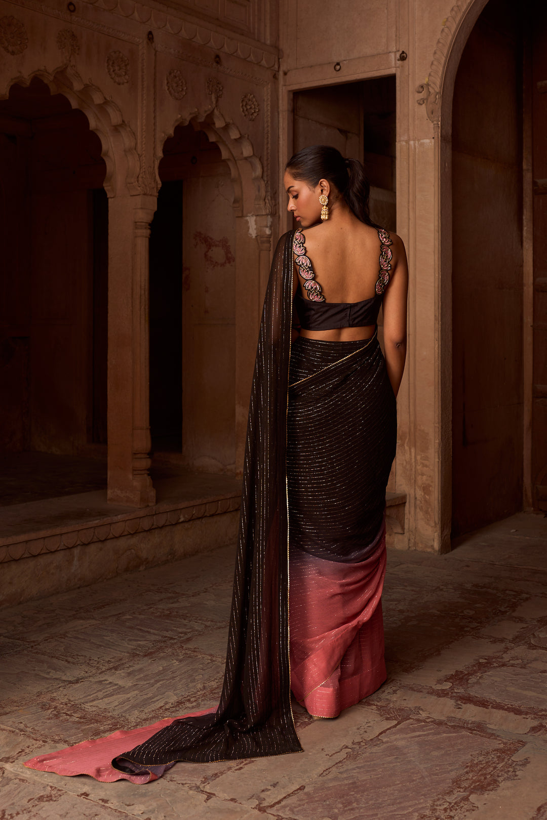 LILA BLACK AND DUSTY PINK OMBRE SAREE SET