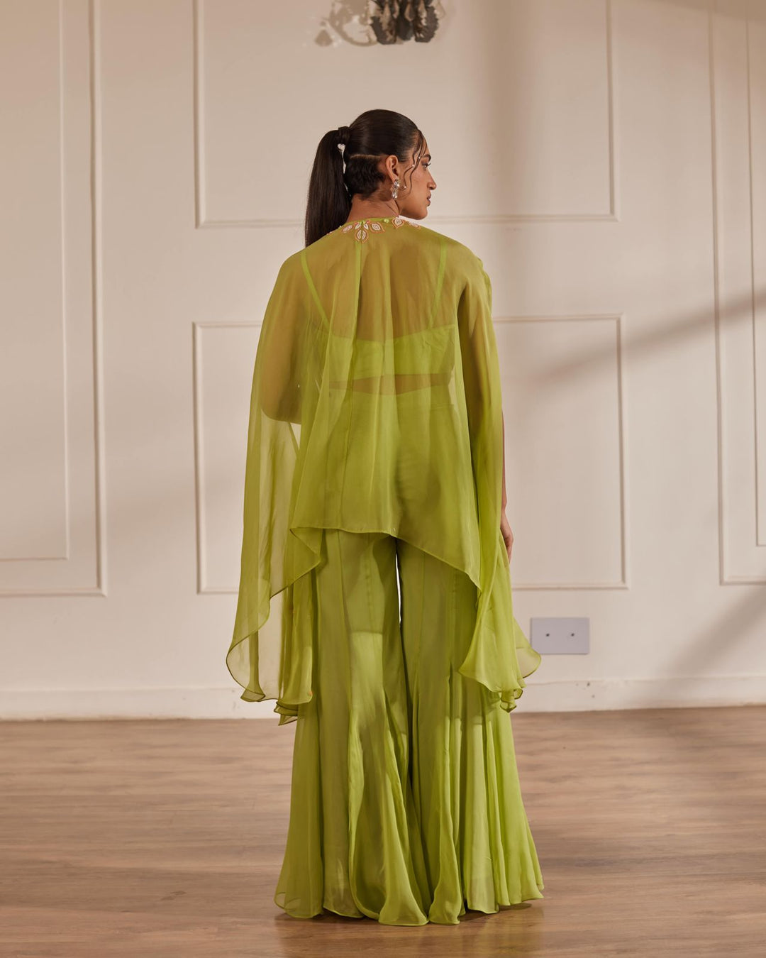 GREEN SHARARA AND CAPE SET